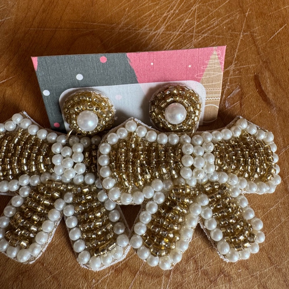 Gold and White Beaded Bow earrings